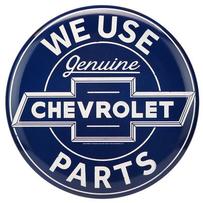 CHEVROLET PARTS BUTTON EMBOSSED TIN SIGN 14&quot;x14&quot;