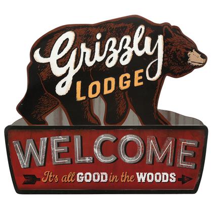GRIZZLY LODGE RUSTIC EMBOSSED TIN SIGN 25"x22"