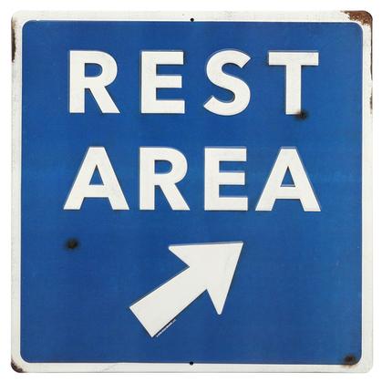 REST AREA RUSTIC EMBOSSED TIN SIGN 14"x14"
