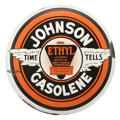 JOHNSON GASOLENE RUSTIC TIN BUTTON SIGN 24"X24"