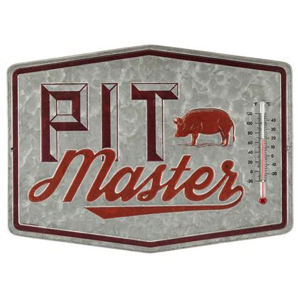 PIT MASTER EMBOSSED METAL THERMOMETER 14&quot;X10&quot;