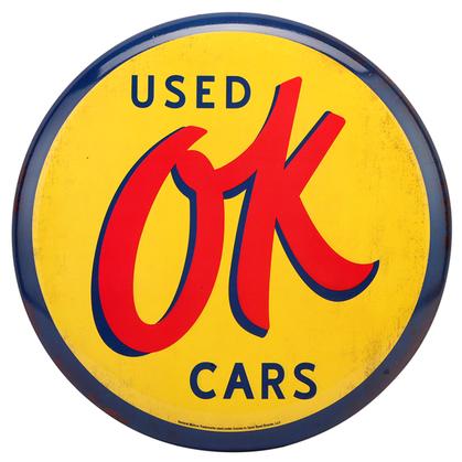 USED OK CARS HIGH-GLOSS TIN BUTTON SIGN 12"