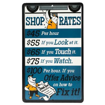 SHOP RATES BLUE EMBOSSED TIN SIGN 6x10