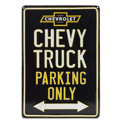 CHEVY TRUCK PARKING ONLY EMBOSSED TIN SIGN 9x13