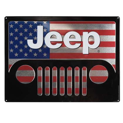 JEEP GRILL AMERICA EMBOSSED TIN SIGN 18.5x14