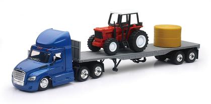Freightliner Cascadia Tractor with Flatbed and Farm Tractor