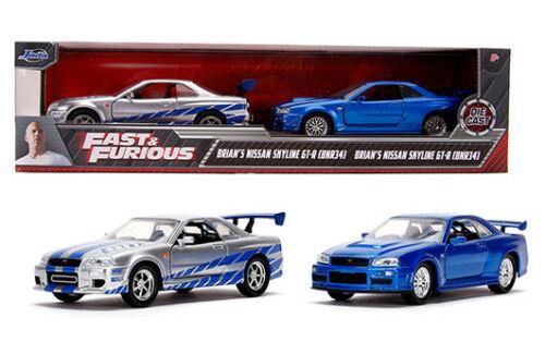 NISSAN SKYLINE GT-R R34 SILVER &amp; BLUE FAST &amp; FURIOUS 2 PACK 1/32 