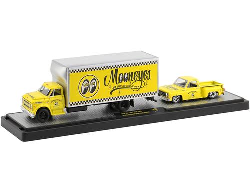 1968 Chevrolet C60 Truck and 1976 Chevrolet Silverado Stepside Pickup Truck Bright Yellow "Mooneyes"