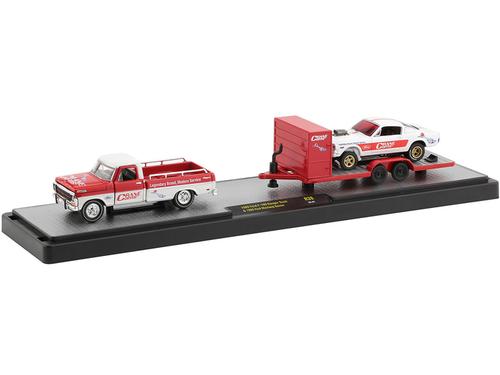 1969 Ford F-100 Ranger Pickup Truck with Trailer and 1966 Ford Mustang Gasser White with Red Stripes "Crane Cams"