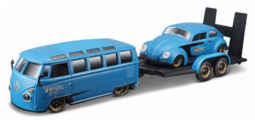 Volkswagen Van Samba &amp; Flatbed Trailor Hauling Volkswagen Beetle