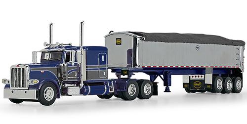 Peterbilt Model 389 with 63" Flattop Sleeper in Black and MAC Half Round End Dump Spread-Axle Trailer