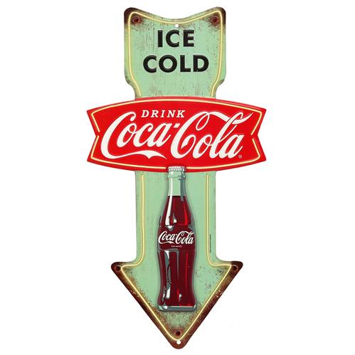 ICE COLD COCA-COLA EMBOSSED TIN ARROW SIGN 7"x14"