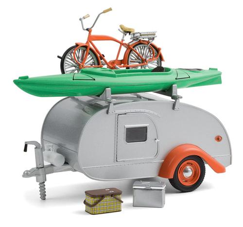 Teardrop Trailer in Silver with Orange Trim, Roof Rack, Bicycle, Kayak, Cooler and Picnic Basket Hitch and Tow Trailers Series 6