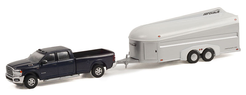 2021 Ram 3500 Laramie Crew Cab in Maximum Steel Metallic Clear with Aerovault MKII Trailer in White and Bare Aluminum