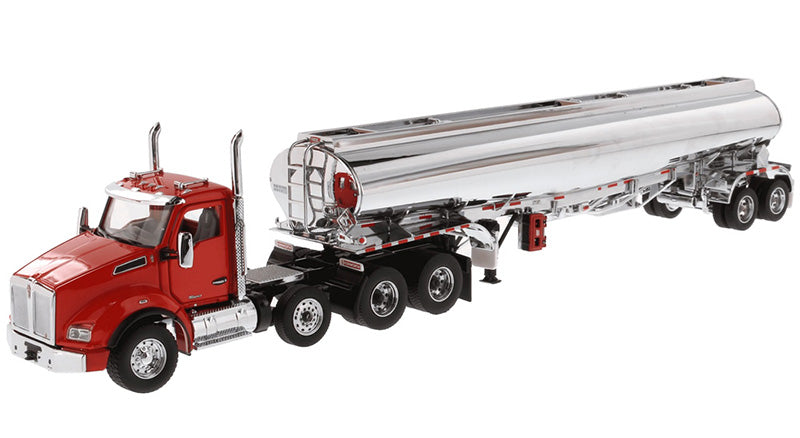 Kenworth T880S SBFA Tandem Day Cab with Pusher Axle and Heil FD9300/DT-C4 Petroleum Tanker Trailer in Chrome