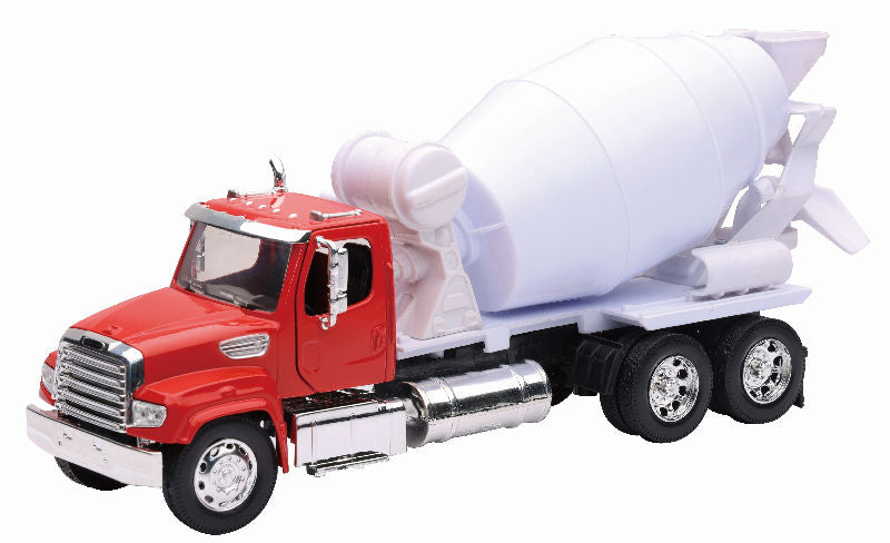 Mélangeur à ciment Freightliner 114SD rouge et blanc