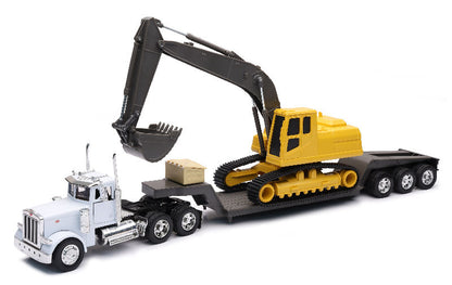Peterbilt 379 avec remorque surbaissée transportant une excavatrice