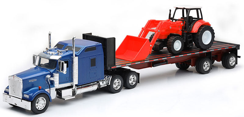 Kenworth W900 Semi Truck in Blue with Flatbed Trailer and Red Farm Tractor with Front Loader