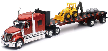 International Lonestar with a Wheel Loader and Boulders on a Flatbed Trailer