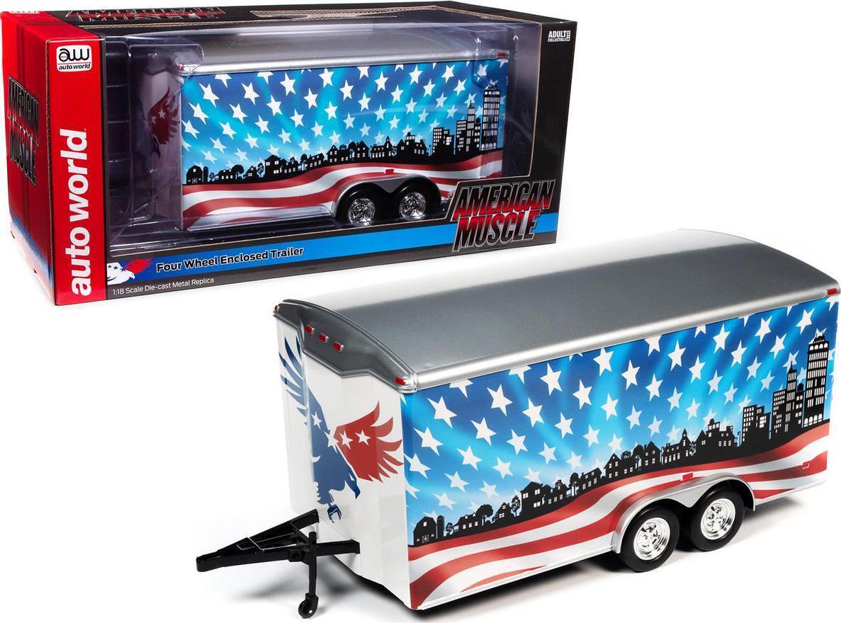 Four Wheel Enclosed Car Trailer Patriotic Brave &amp; Bold Graphics 1:18