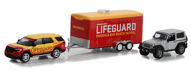 2016 Ford Explorer Emerald Bay Beach Patrol Lifeguard with 2013 Jeep Wrangler Rubicon in Enclosed Car Hauler - Baywatch (2017)