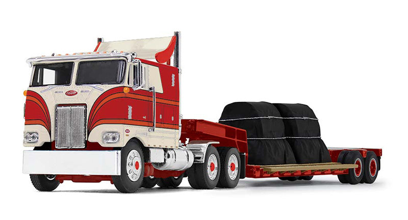 Peterbilt Model 352 COE with 110" Sleeper and Turbo Wing in Cream and Viper Red and Vintage Rogers Lowboy Trailer with Coil Load